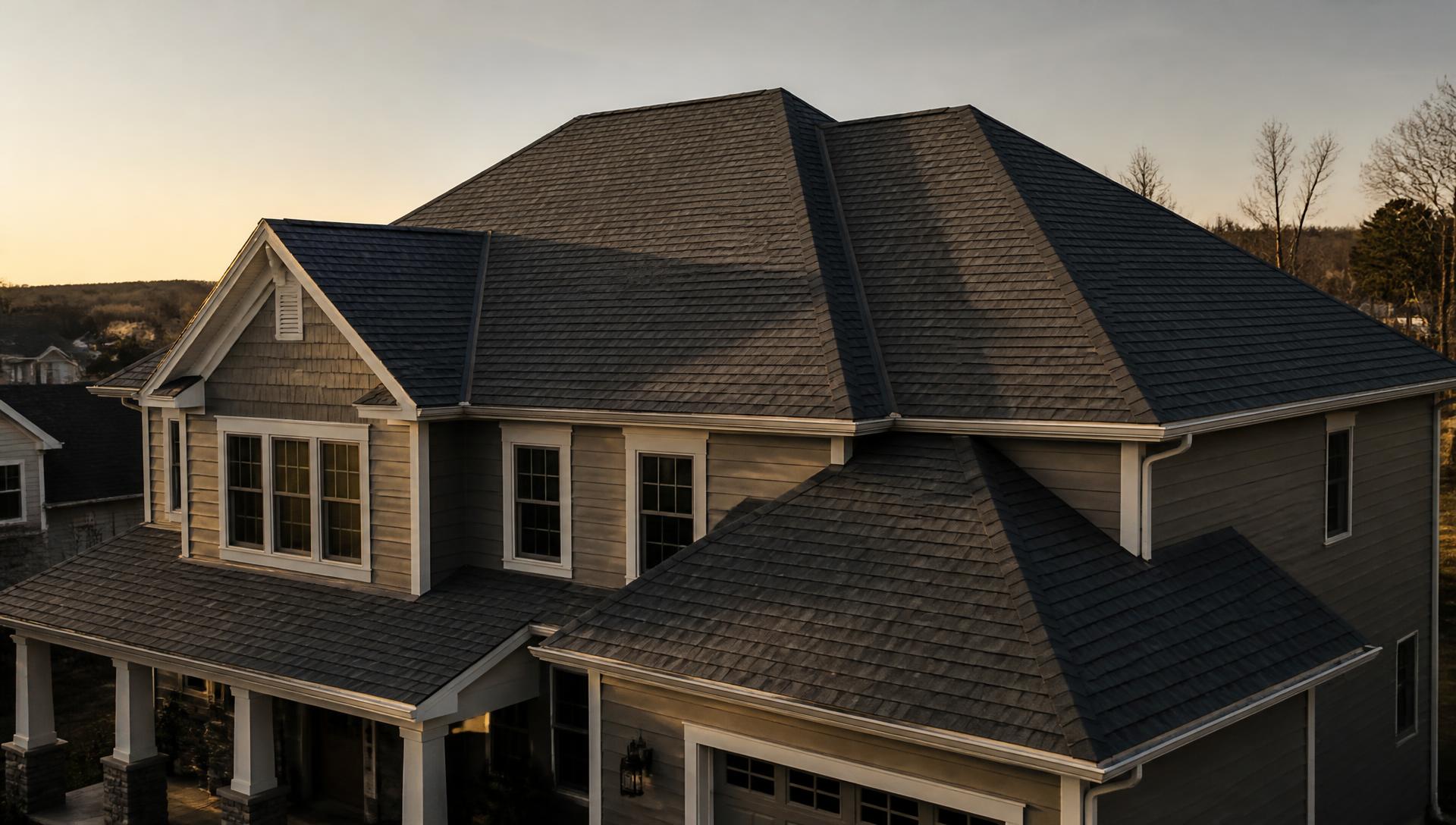 Completed asphalt shingle roof on a suburban home at golden hour